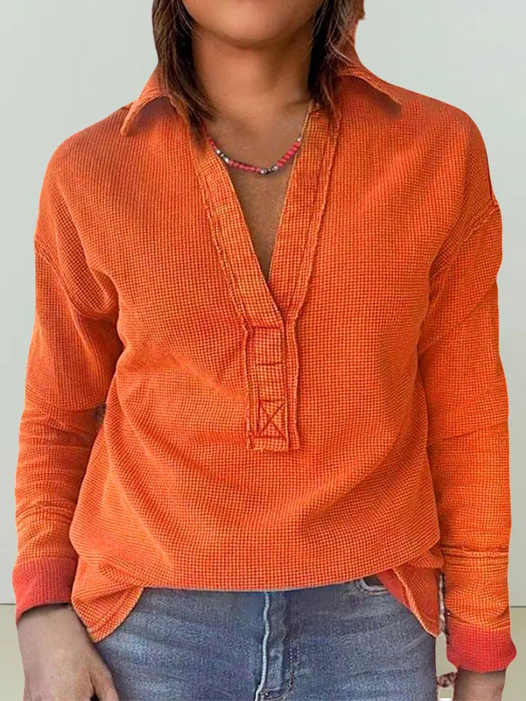 

Women's Waffle Knit Top Long Sleeve V Neck Shirts Blouse Loose Plain Pullover Jumpers Waffle Solid Sweater