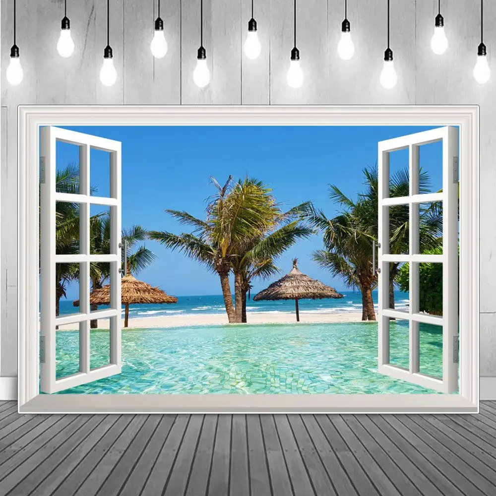 

Aquarium Holiday Photography Backdrops Birthday Decoration Summer Tropical Ocean Resort Beach Window Vacation Photo Backgrounds