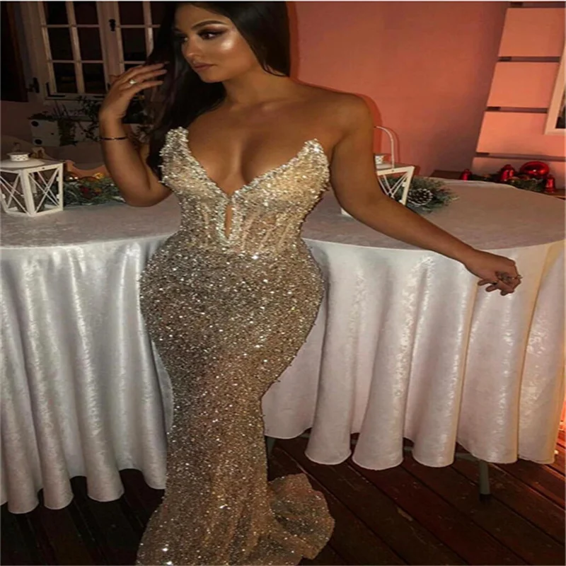 

MULONG Strapless Sexy Sharon Happy Evening Dresses Sequins Mermaid Women's Long Dresses For Women Suitable Dresses On Request