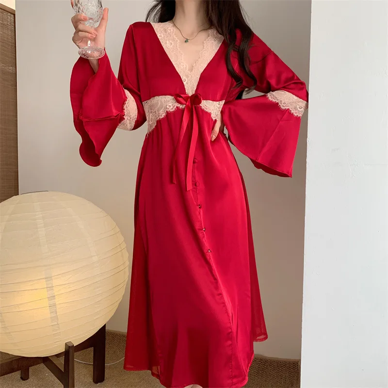 

Long Pagoda Sleeve V Neck Lace Edge Women Nightgown Sleep Dress Bow Sleepwear Night Dress Ice Silk Home Clothing Home Dress