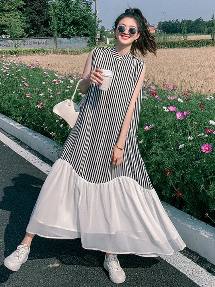 

Sleeveless Striped Chiffon Stitching Slim Dress Women Long A-line Summer Chic Dresses Korean Style Female Holiday G628