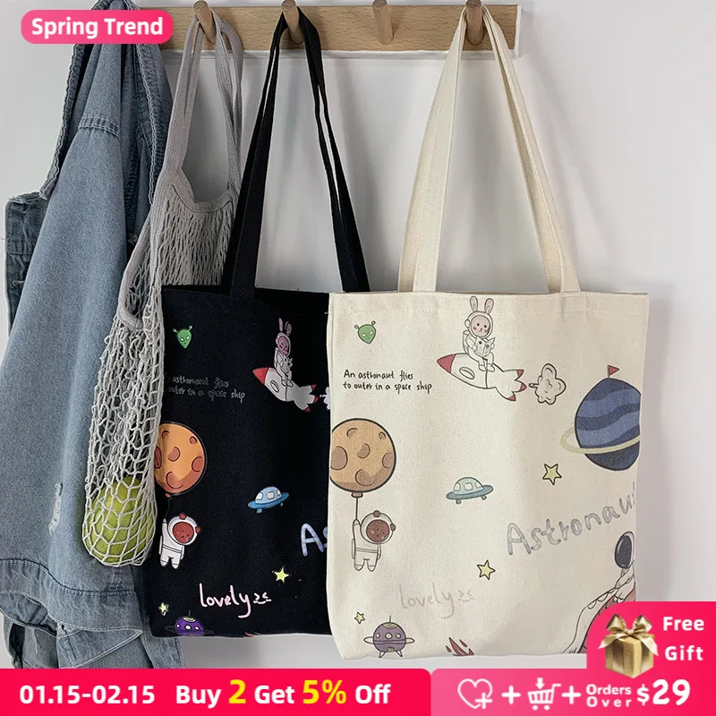 

Large Canvas Shopper Bag for Women Eco Reusable Ladies Handbags Cloth Shopping Bags Female Cartoon Planet Shoulder Tote Bags