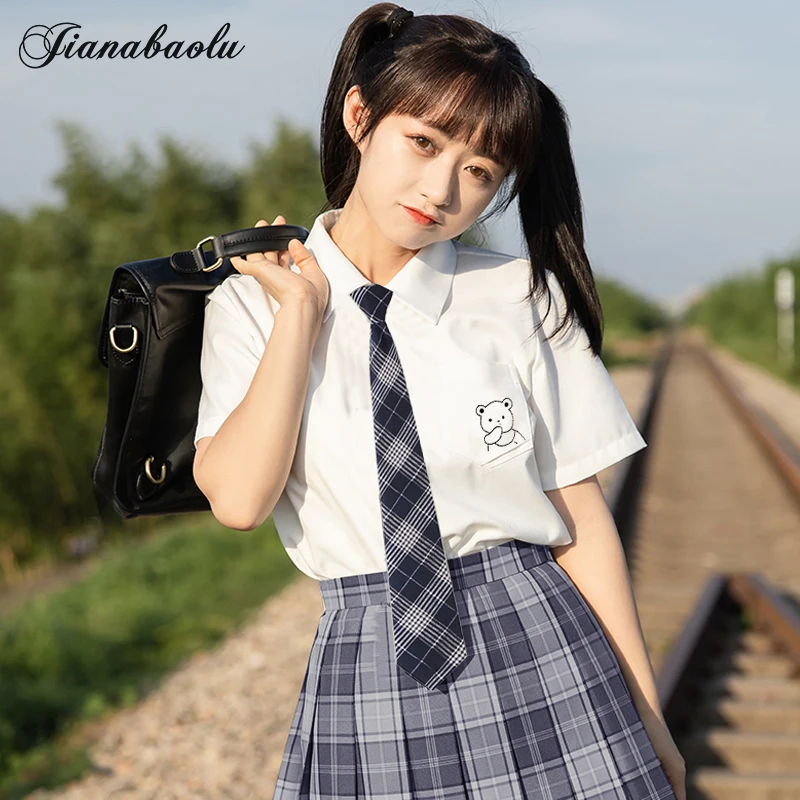 

2022 Women White Blouses Short Sleeve JK Shirts Tops Summer Lapel Bow Bear Print Blouse Women's Casual Blusas Preppy Style