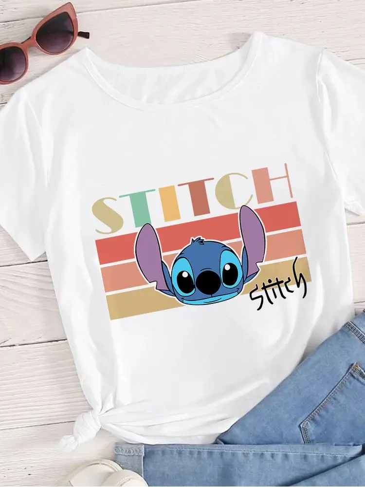 

Women Disney Stitch Print O-Neck Top Cartoon Funny Harajuku Summer Short-Sleeved Tshirt Simple Breathable Loose T-Shirt
