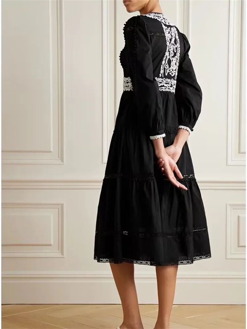 Женское кружевное платье с вышивкой свободное хлопковое средней длины V-образным