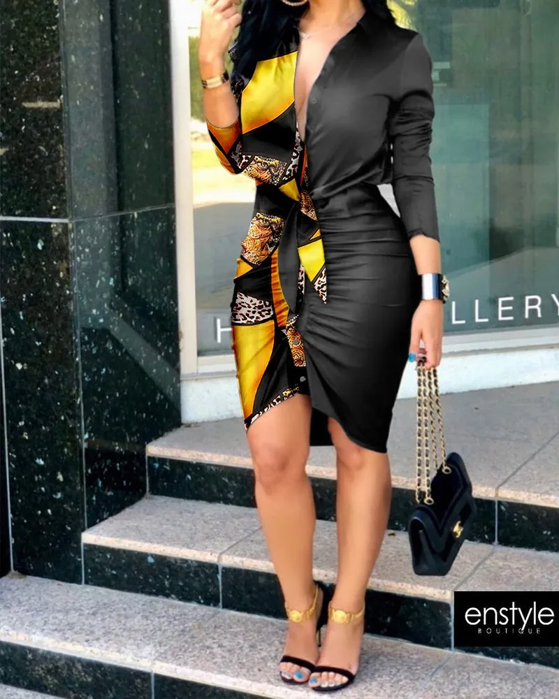 

Autumn Print Ruched Irregular Dress V-neck Tie Solid Color Printing Long-sleeved Mini Shirt Dresses Sexy Women Bodycon Dress