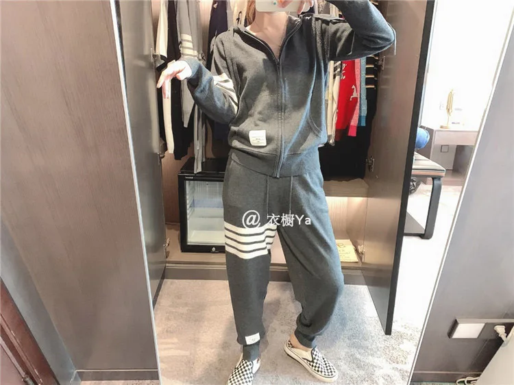 High Quality TB Korean Style Coat Women's Hooded Knitted Cardigan Loose Korean Version Sweater Spring Casual Pencil Pants Suit