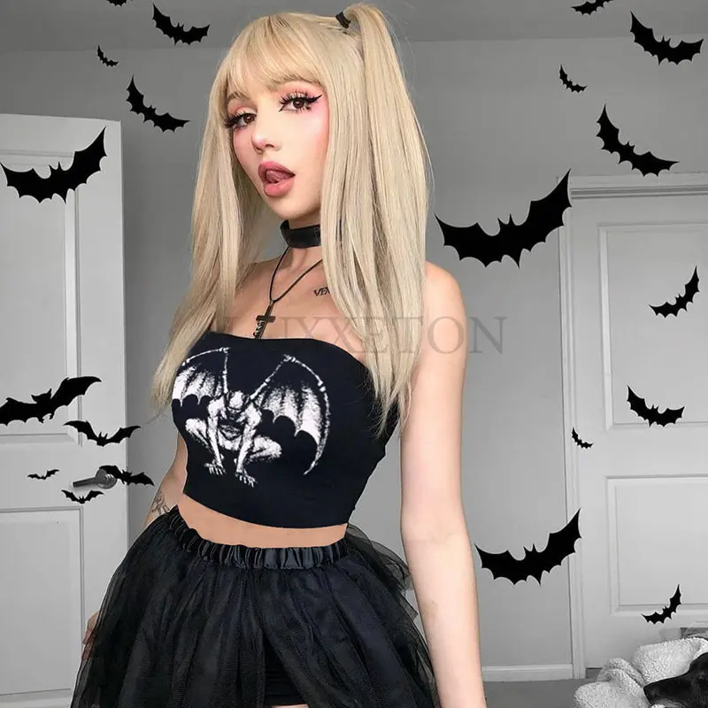 

Женский укороченный топ в готическом стиле, Черный корсет с принтом скелета, сексуальный эстетичный Топ, одежда в стиле гранж 90-х, Y2K