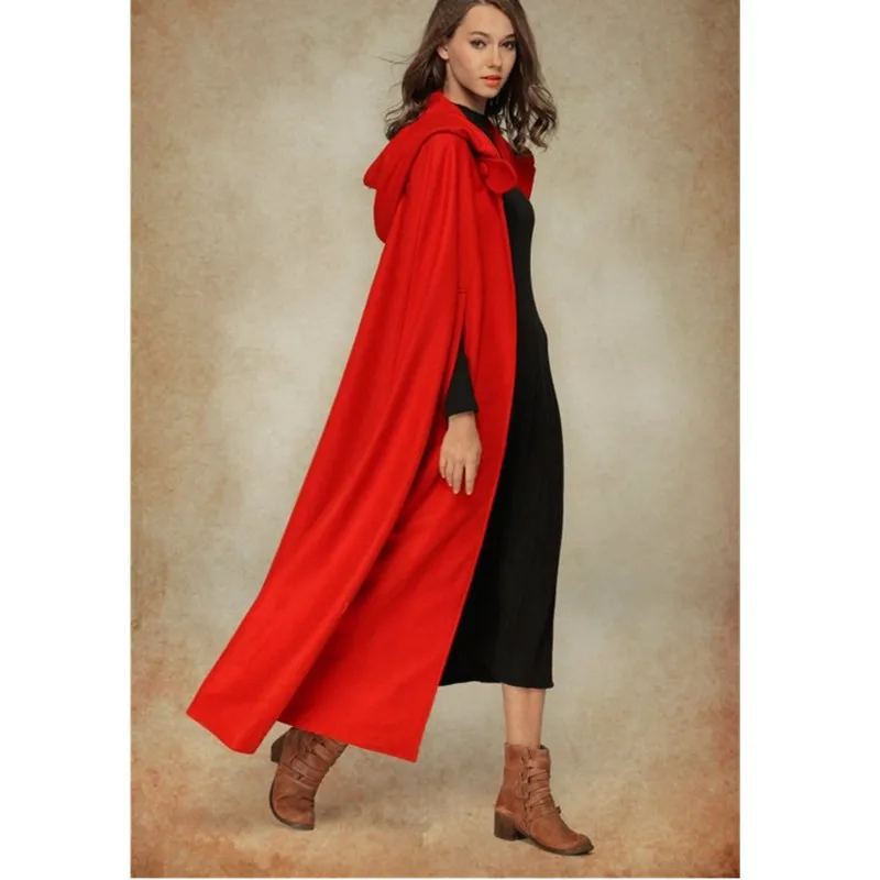 

Stylish Long Cape Cloak Women Hooded Wool Blend Cloak Coat Autumn Hoodies Poncho Warm Cosplay Jackets Outwear Windbreaker