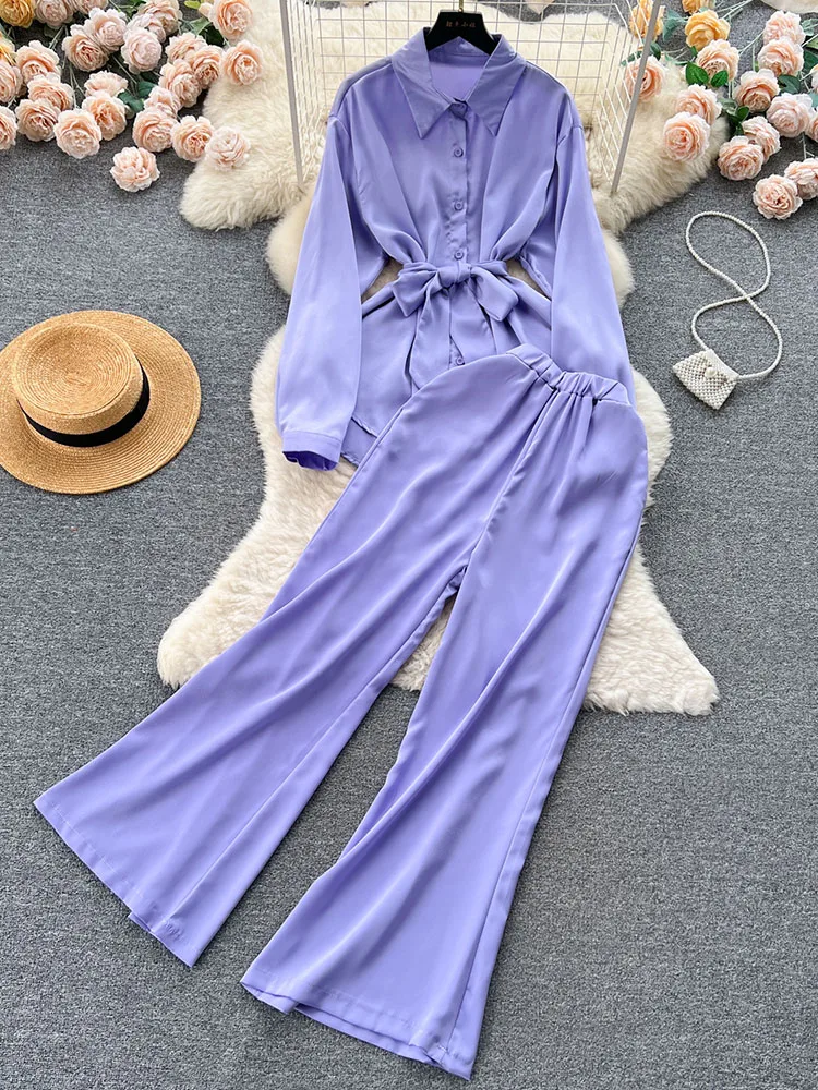 

Women Autumn Pant Sets Casual Fashion Set Korean Lace Up Waist Loose Sleeve Top+High Waist Wide Leg Pants Long Pants D4596