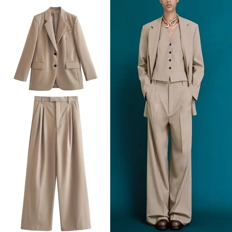 

TRAF Woman 2 Pieces Sets Oversized Blazer Jacket Lapel Long Sleeves Blazer Chic Office Business Blazer Coat+Straight Pants Set