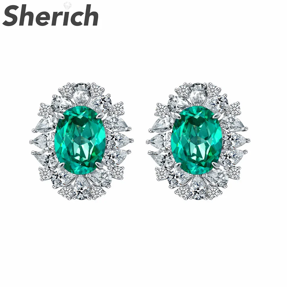 

Sherich 2022 New 10ct Egg Shape Synthetic Paraiba Green High Carbon Diamond S925 Sterling Silver Stud Earrings Women's Jewelry