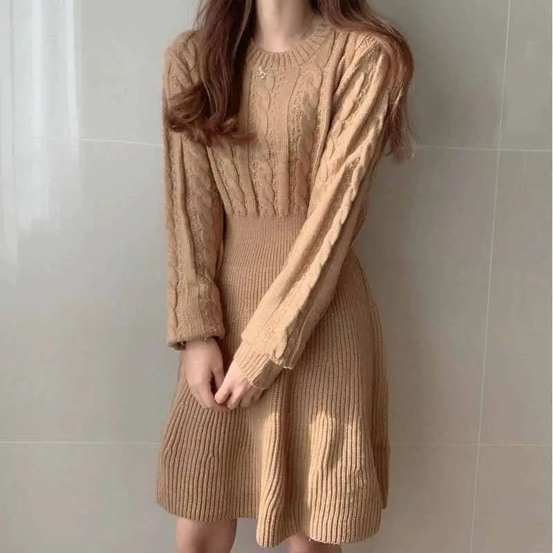 

French Vintage Knitted Lining Dress Women'S Autumn And Winter Spicy Style Waist-Length Sweater Dress High Quality