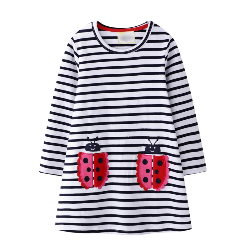 

2- 7 Years Kids Girl Spring Dress Toddler Baby Long Sleeve Dresses Striped Animal Cotton Princess Dress Kid Tops Outfits