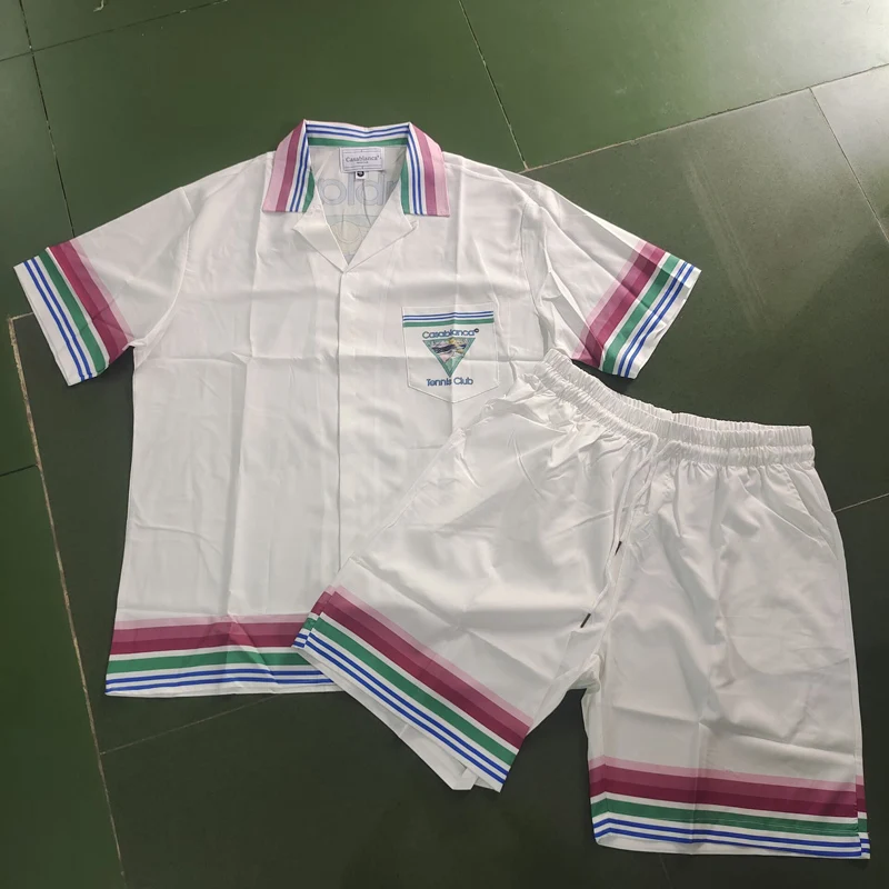 Thin Fabric Casablanca Colorful Stripe Mountain Stadium Shorts Shirt Set Men Women Hawaii Beach Holiday Surf Short Suit