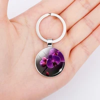 le topkeeping purple orchid keychain nature gem pendant art flower glass dome keyring plant metal valentines day gift