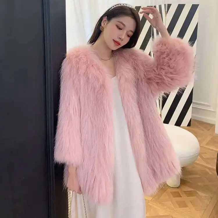 Women's Leather Fur Coat Autumn and Winter Imitation Raccoon Fur Woven Long Fur Coat Women's Mid-Length Faux Fur Coat