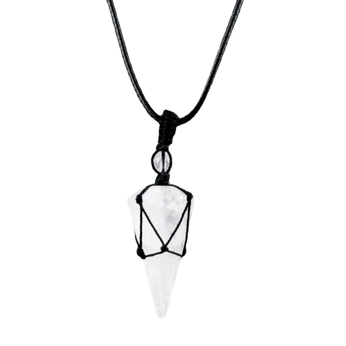 

Natural Stone Hexagonal Column Spiritual Pendulum Necklace Hand Woven Mesh Bag Hexagonal Prism Pyramid Crystal Necklace