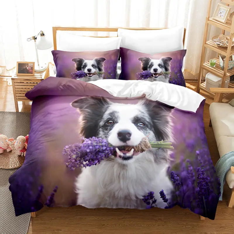

Purple Bedding Set Violets Dog Duvet Cover Quilt Cover 3D Comforter Cover Lavender Butterfly Double Full King Queen Twin Single