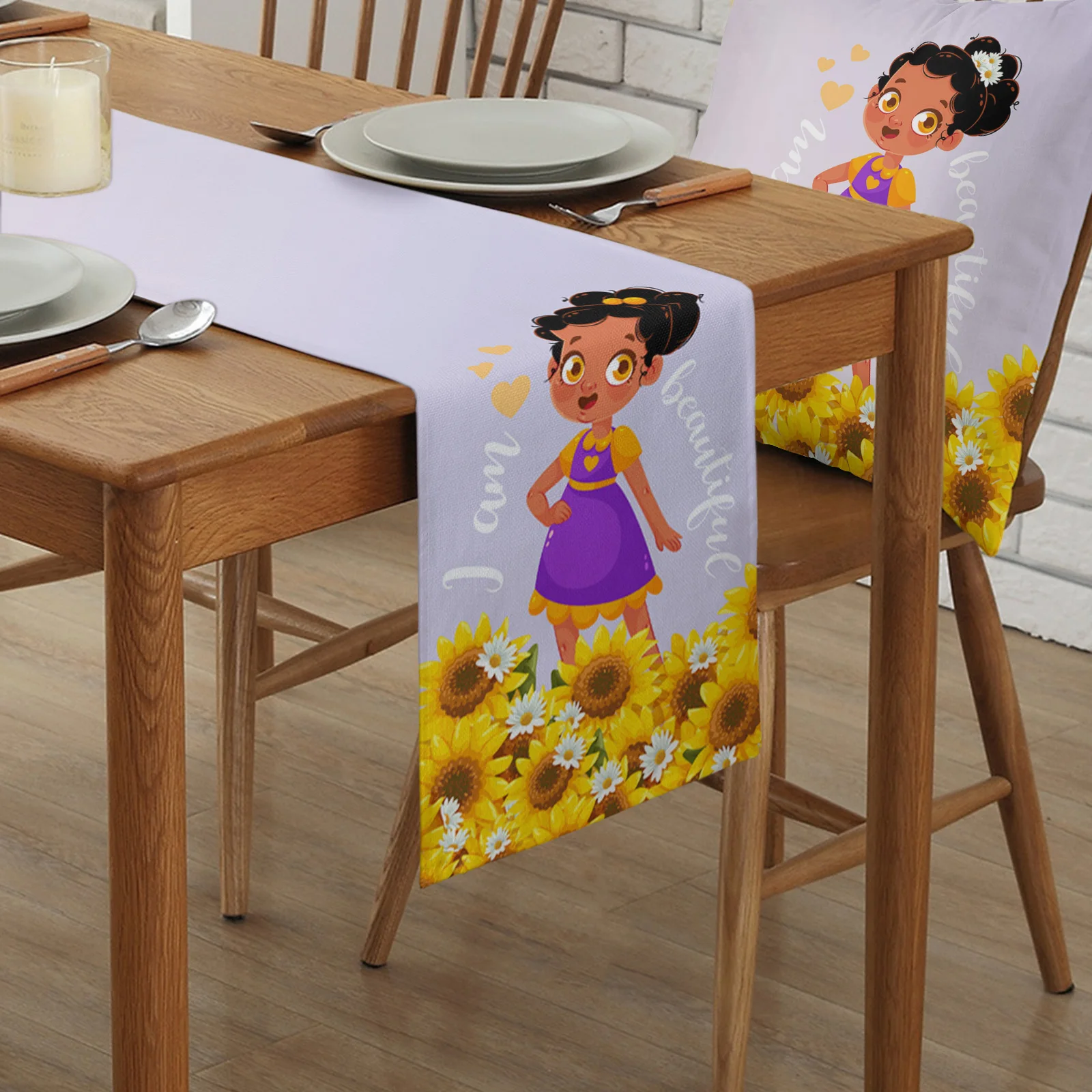 

Африканская темнокожая девушка подсолнуховая настольная дорожка для столовой украшение свадебного стола, Пыленепроницаемая прямоугольна...