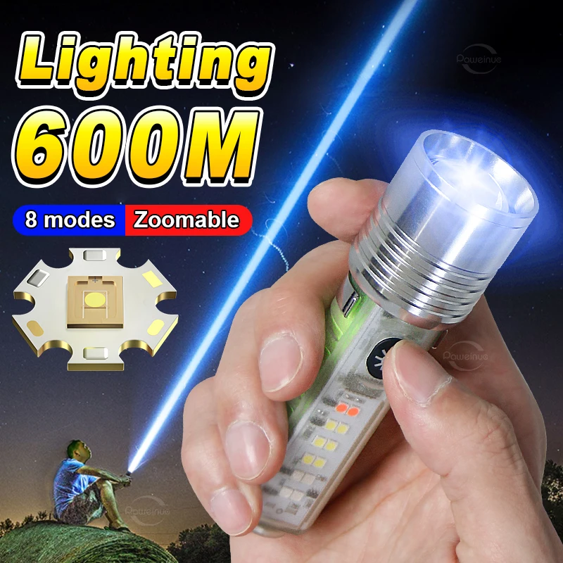 

New Portable Super Bright LED Flashlight 8 Modes With White Red Blue Purple Side Light And 8 hours LED Zoom Lighting Torch