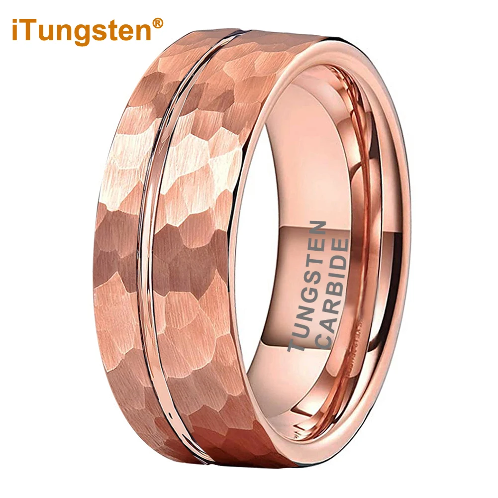 

iTungsten 6mm 8mm Men Women Rose Gold Hammered Tungsten Ring Wedding Engagement Band Trendy Jewelry Flat Offset Line Comfort Fit