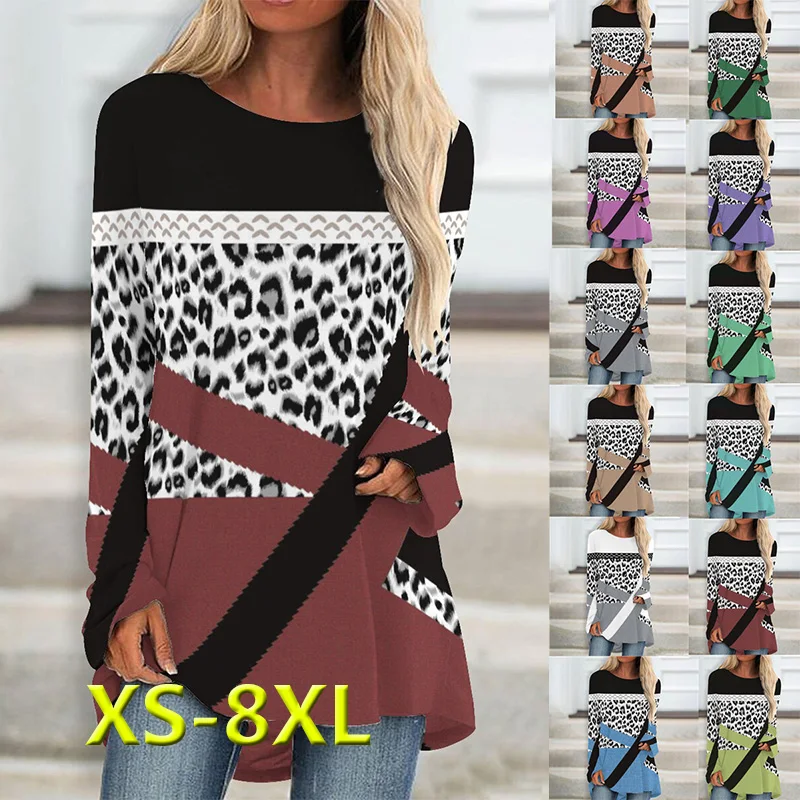 

Spring Autumn Harajuku Y2K T-shirt Ladies Leopard Geometric Print Long Sleeve T-shirt Top Women's Casual Loose Vintage Clothing