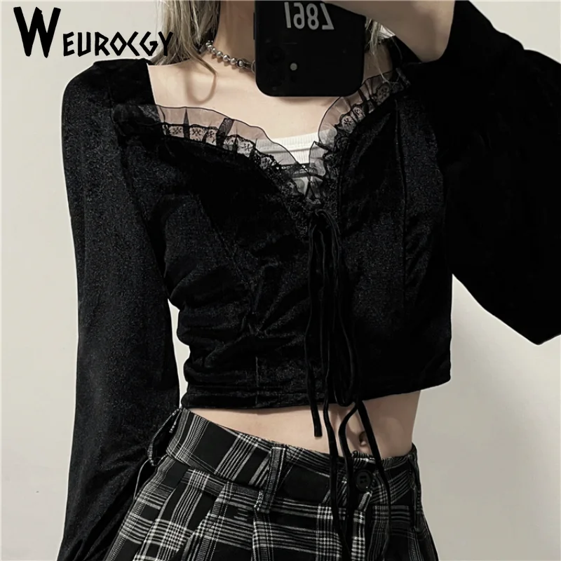 

2023 Summer Personality Casual Slim Square Collar Velvet Bandage Navel Expposed Short Women's Shirt Long Sleeve Streetwear