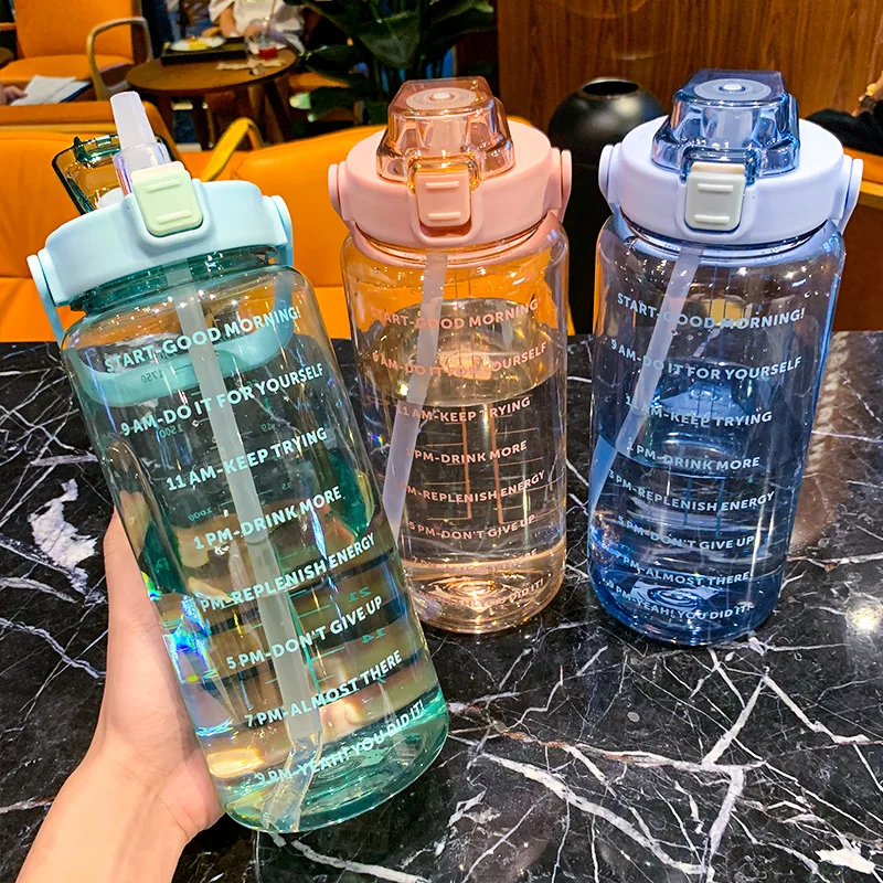 2 Litre Water Bottle with Straw Time Marker Outdoor Travel Sport Drinking Bottle for Kids Girls Summer Plastic Cup Kawaii Termos