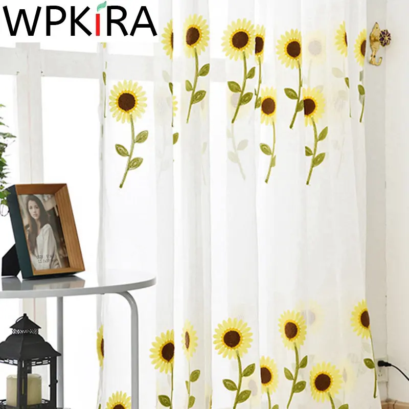 

Sunflower Embroidery Sheer Curtain for Kids Bedroom Nursery Pastoral White Voile for Living room Kitchen Window Panel WP186H