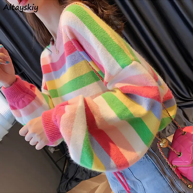

Pullovers Women Loose Striped Harajuku Retro Japanese Style Kawaii Gentle Design Rainbow Candy Color Ins College Young Spring