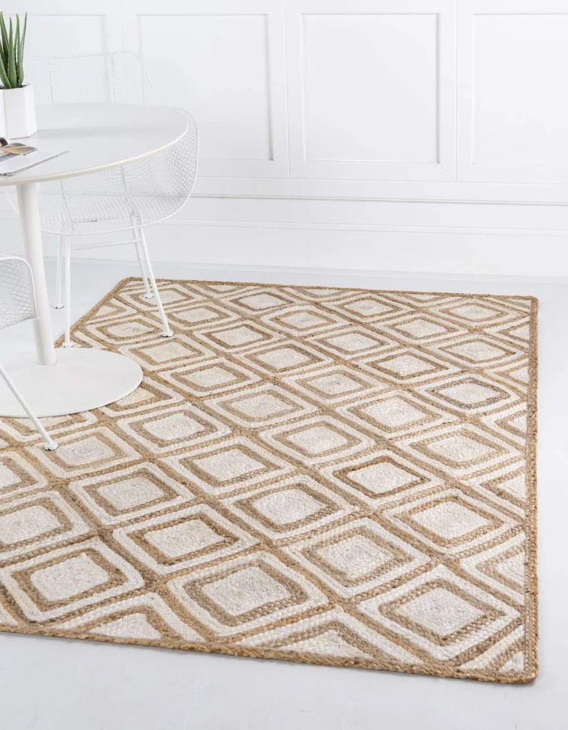 Ivory/Natural Jute Rug Rectangle Braided Carpet Reversible Area Rug Made Hand Woven with Geometric Design Floor Mat