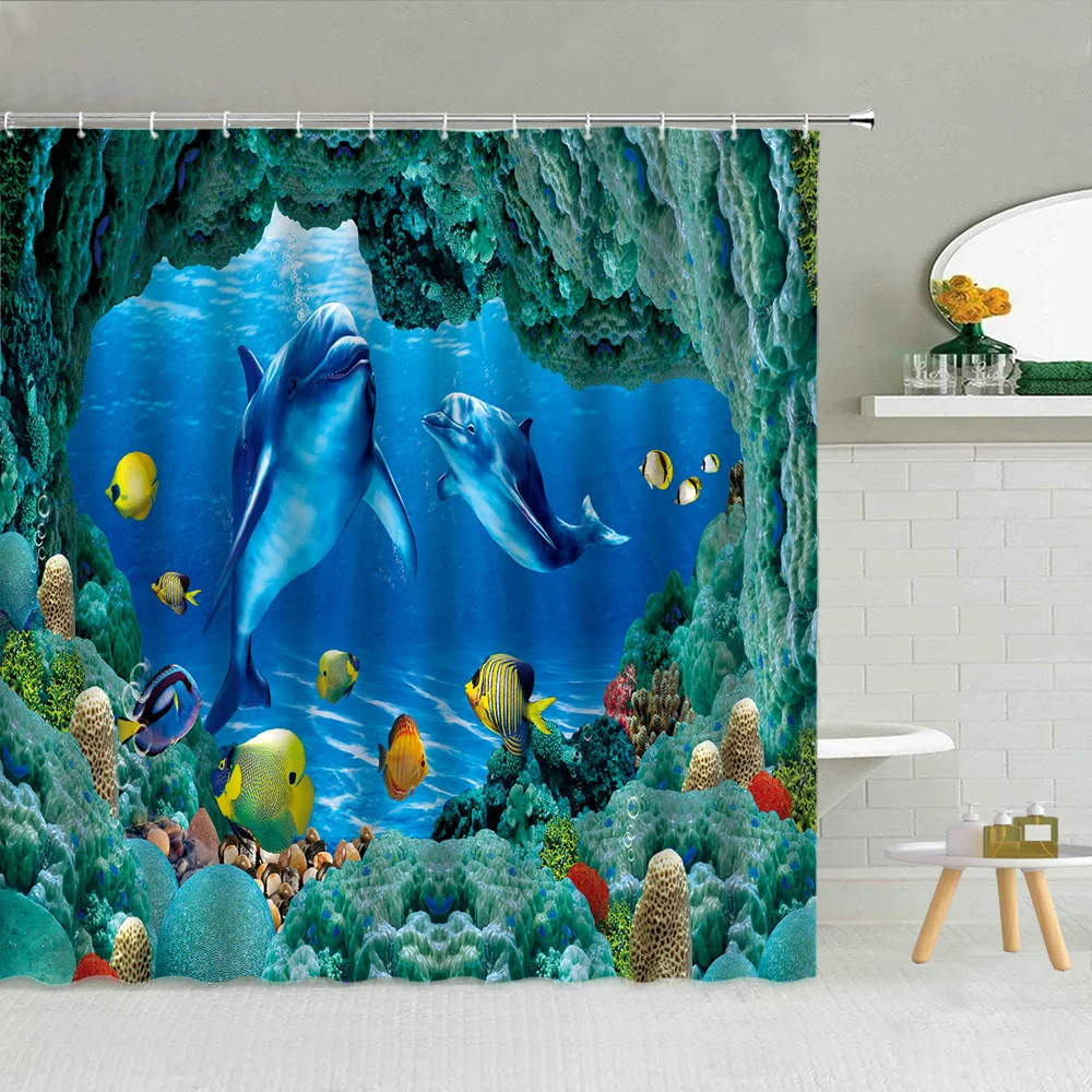 

Dolphin Shower Curtain Set Underwater Marine life Tropical Fish Ocean Landscape Fabric Bathroom Decor Bath Curtain Hanging Cloth
