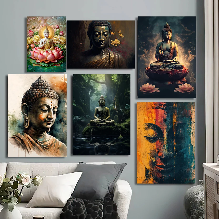 Современная абстрактная картина с Буддой на холсте