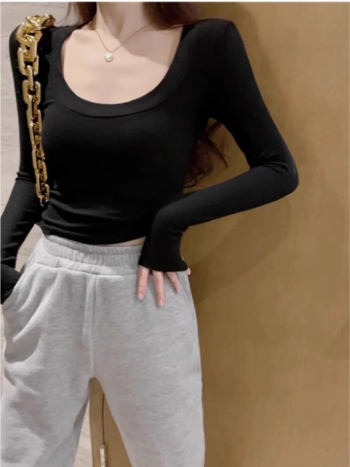 Серая рубашка с круглым вырезом Pure Desire Bottoming Женская весенне-осенняя внутренняя