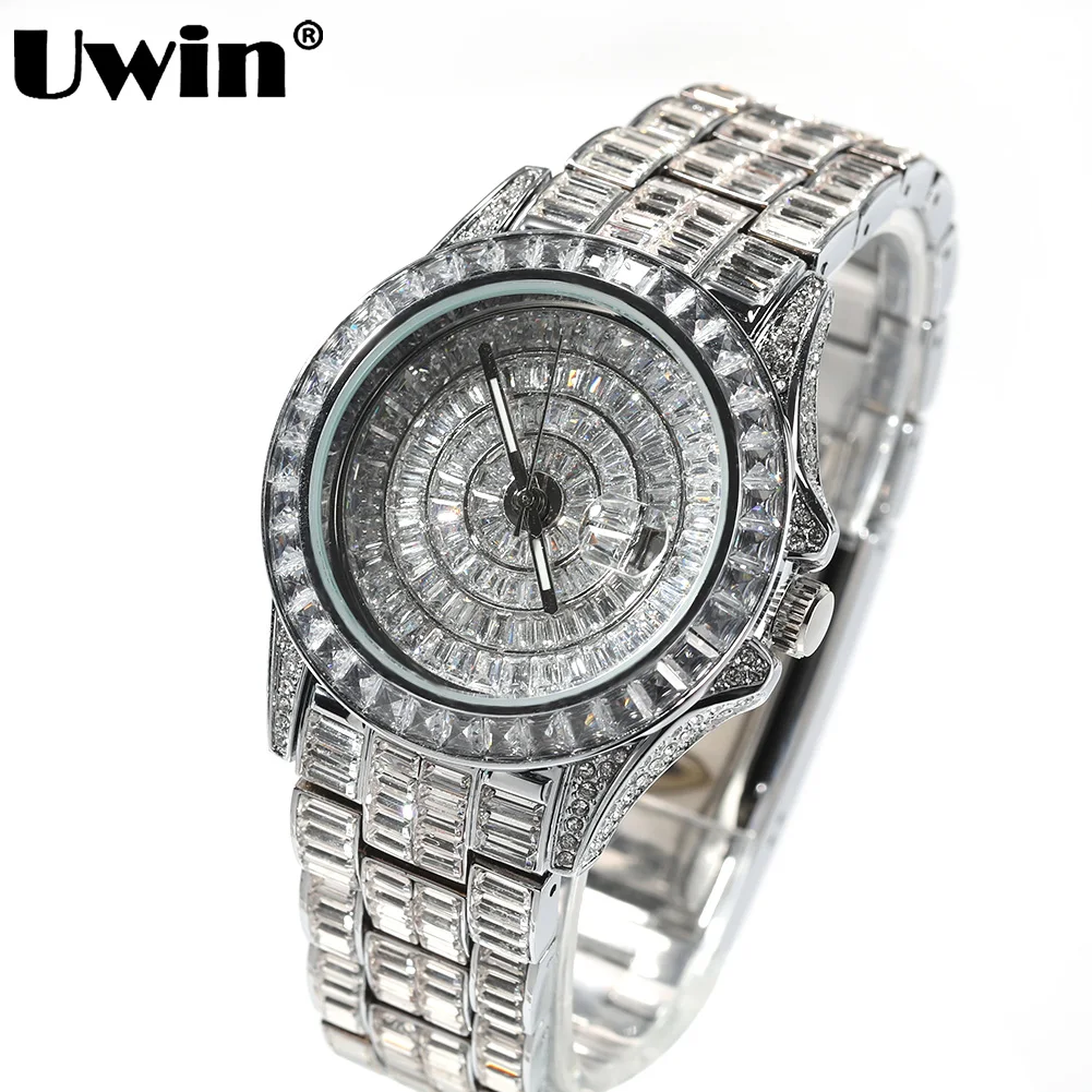 UWIN Full Iced Out baguettecz Watches for Men Fashion Luxury Rhinestones Quartz Round Stainless Steel Business Wristwatches Gift