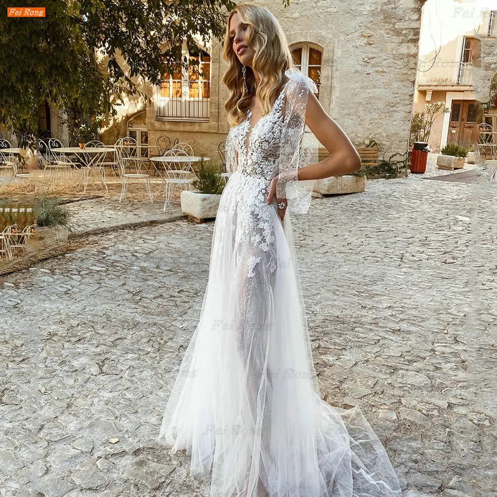 

Sexy Illusion Tulle Wedding Dresses 2022 Boho Vestidos De Novia Backless Beach Bridal Gown Jewel Neck Lace Appliqued Robe Mariée