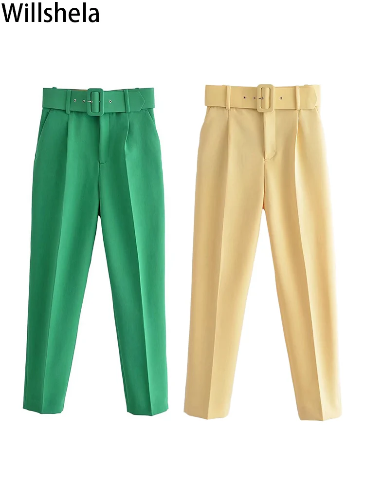 

Willshela Women Fashion With Belt Solid Front Zipper Trouser Vintage Mid Waist Full Length Female Chic Lady Pants