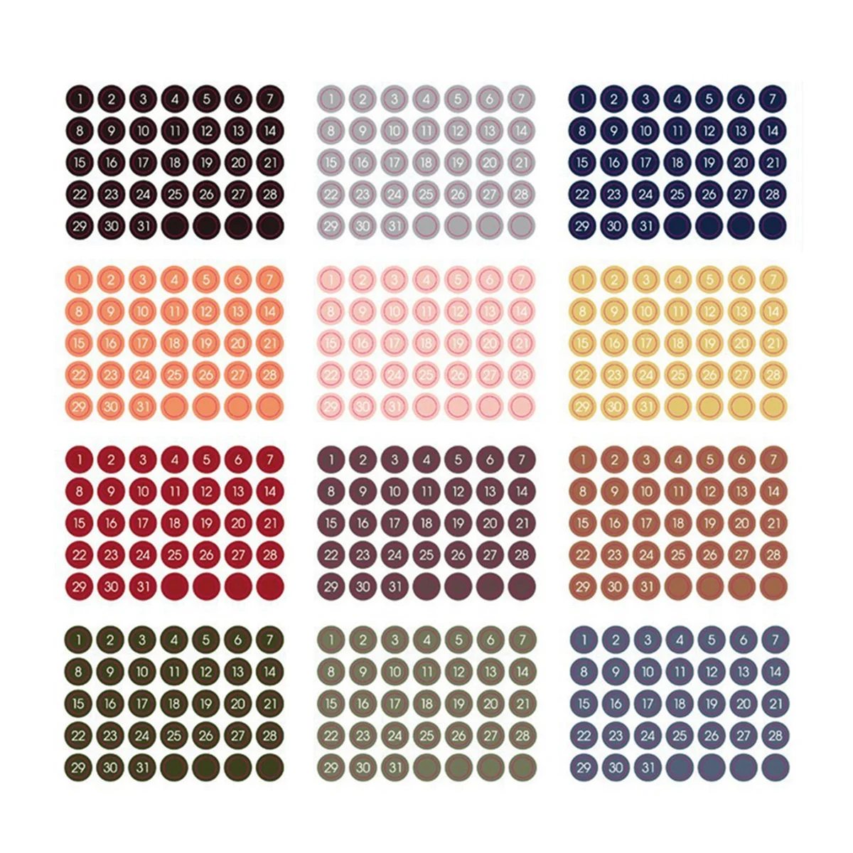 12 шт. красочные круглые наклейки с цифрами и датой для журналов этикетки ноутбука