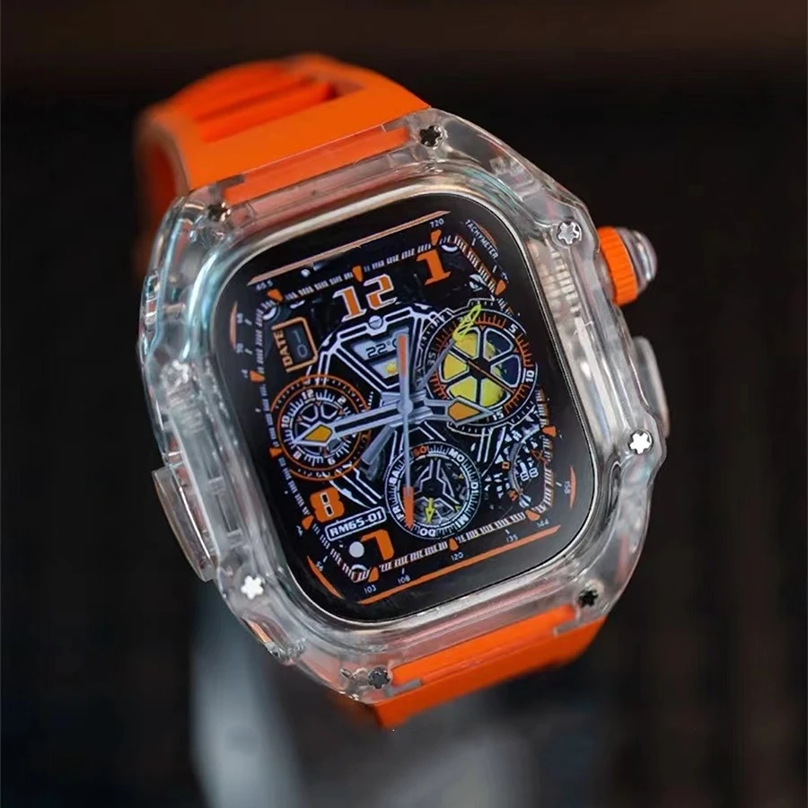 Transparent Mod Kit Case For Apple Watch 49mm 45MM 44MM Rubber Sports Band For iWatch Series Ultra 8 7 6 5 4 SE Silicone Strap