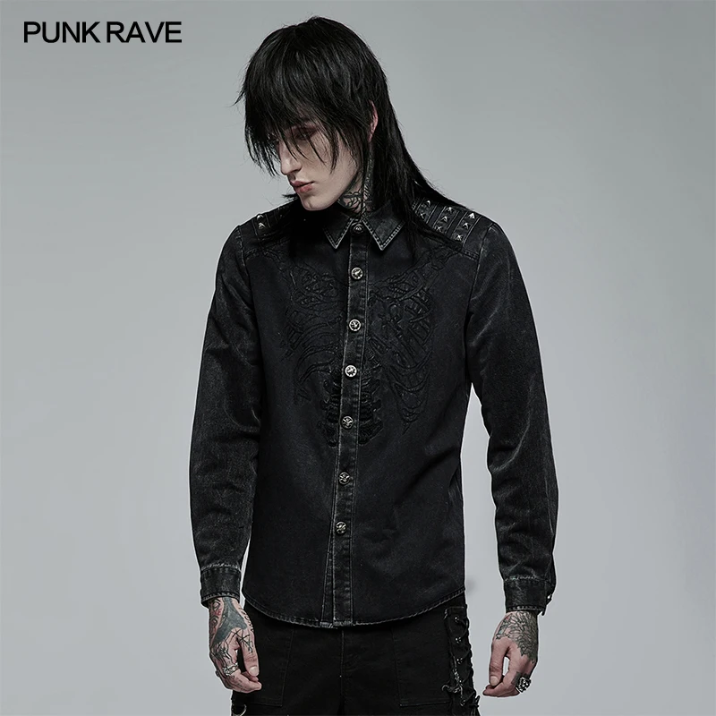 

PUNK RAVE Men's Punk Style Skeleton Embroidered Long Sleeve Shirt Personality Casual Black Tops Men Clothing Four Seasons