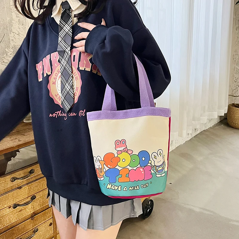 Lovely Printed Hand Canvas Bag Korean Version Girl Bento Bag Folding Design Students Versatile Work Small Cylinder Hand Bag M515