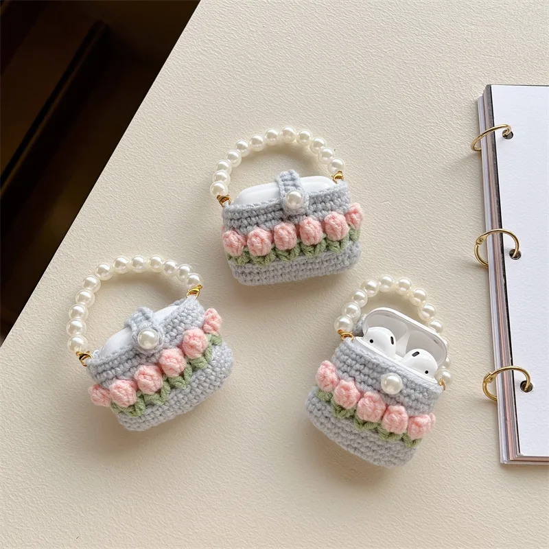 

Woolen Knitting Pearl Tulip Bag Case for Apple AirPods 1 2 3 Pro Cases Cover IPhone Bluetooth Earbuds Earphone Air Pod Pods Case