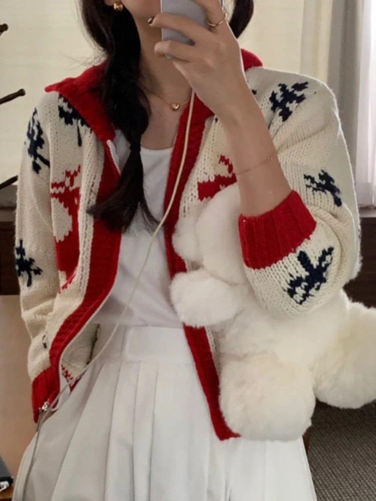 

Korobov Hooded Knitwears Female Contrast Color Winter Vintage Jacquard Christmas Sweater Korean Fashion Pull Femme Hiver 2022