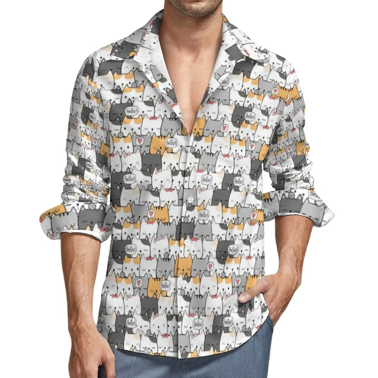 

Милая рубашка с принтом в виде кошек; Забавные повседневные рубашки с длинными рукавами и графическим принтом; Y2K; Блузки; Осенняя винтажная ...