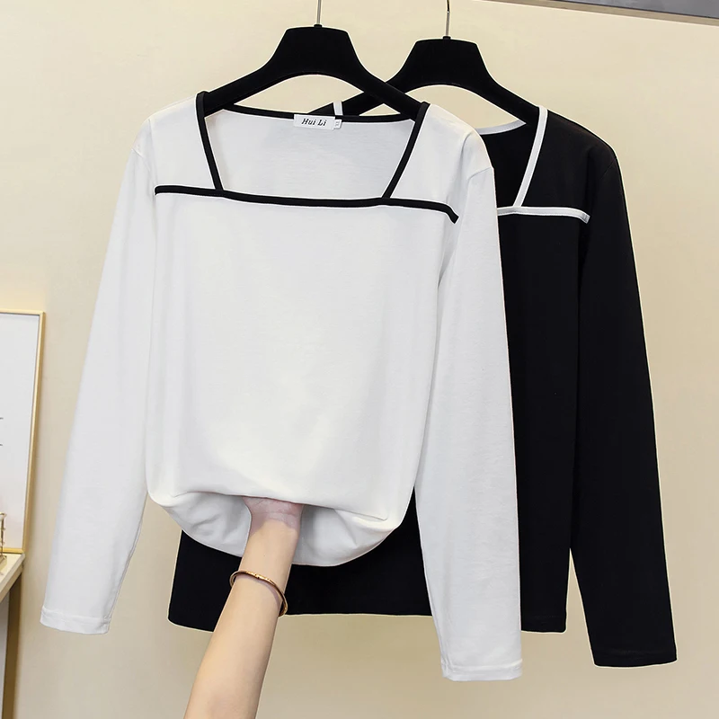 

Autumn Long Sleeve T-shirt 2022 Fashion Solid Female White 100% Cotton Women Tshirts Casual Stripe Shirt Top Female Tee