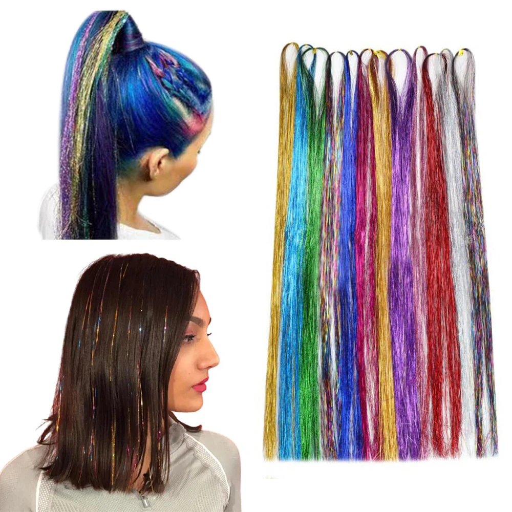 

Full Shine Shiny Colorful Hair Tinsel 47 Inches Extensions Hair 12 Colors 2400 Strands Women Hippie for Braiding Headdress