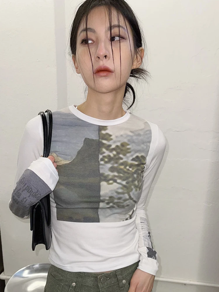 Футболка женская базовая с длинным рукавом и винтажным принтом Y2k