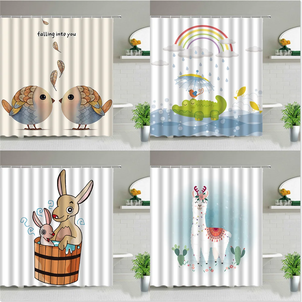 

Занавеска для душа в виде мультяшных животных, креативная Милая корова, альпака, крокодил, птица, собака, кенгуру, медведь, узор для ванной комнаты, тканевая занавеска