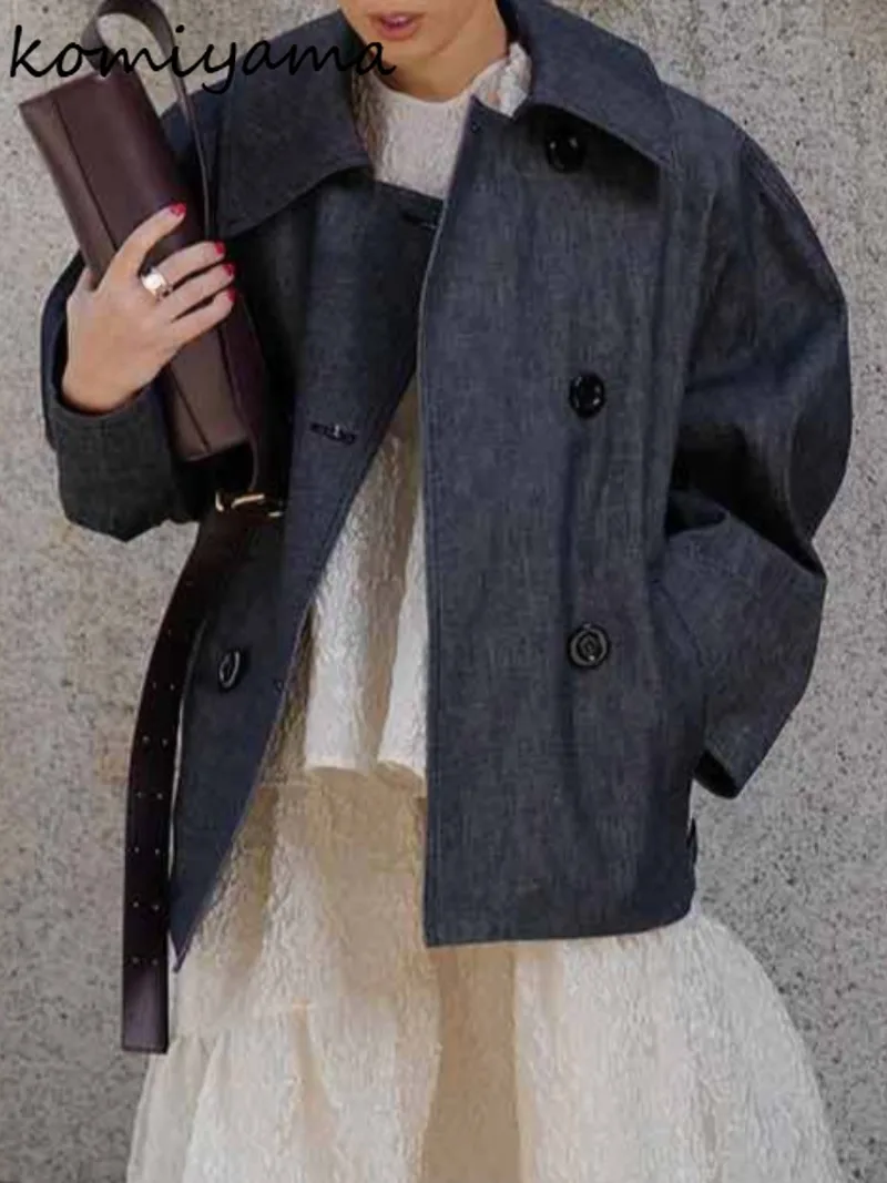 Женская двубортная куртка из джинсовой ткани свободная повседневная с лацканами